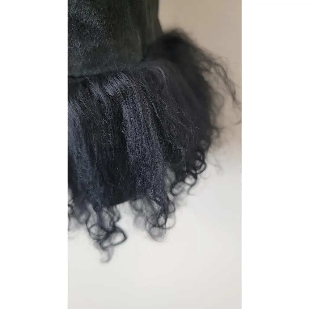 Black Genuine Suede & Fur Trim 70s Glam Whimsygoth Festival Coat - Picture 13 of 16